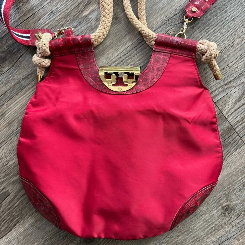 Tory Burch Red Nylon Croc Embossed Rope Handle Shoulder Hobo Bag